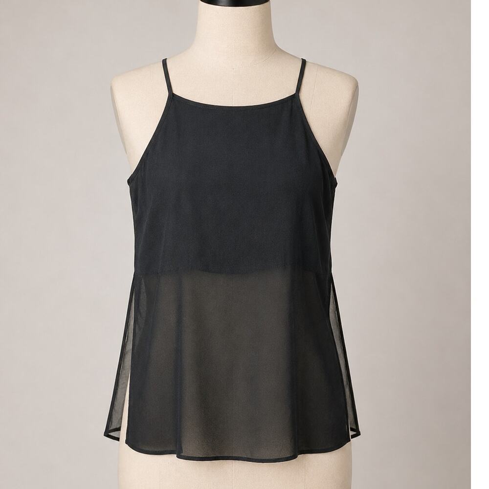 BCBGeneration Jet Black Sheer Side-Slit Lined Spaghetti Strap Crop Tank Cami SM